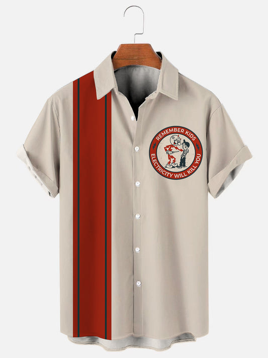 Men's Vintage Bowling Electricity Warning Logo Print Short Sleeve Shirt