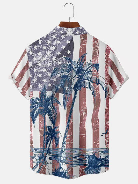 Men's American Flag Coconut Tree Holiday Short Sleeve Shirt