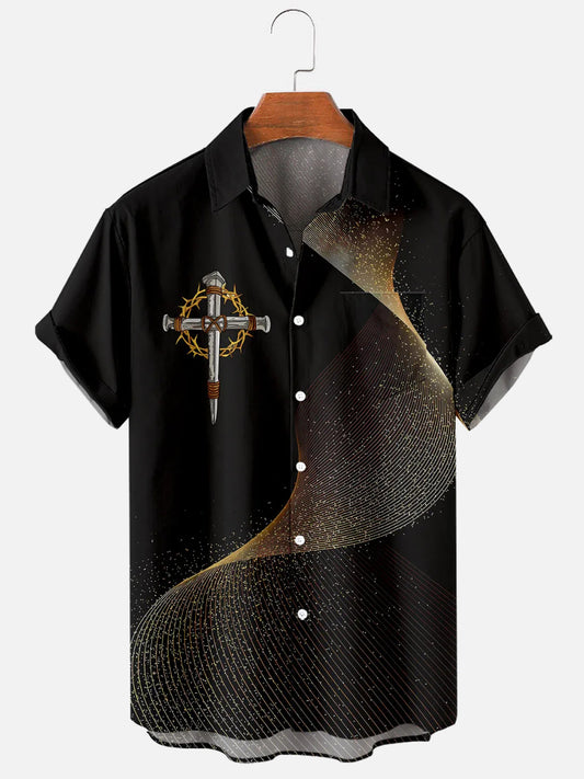 Men's Easter Cross Print Casual Short Sleeve Pocket Shirt