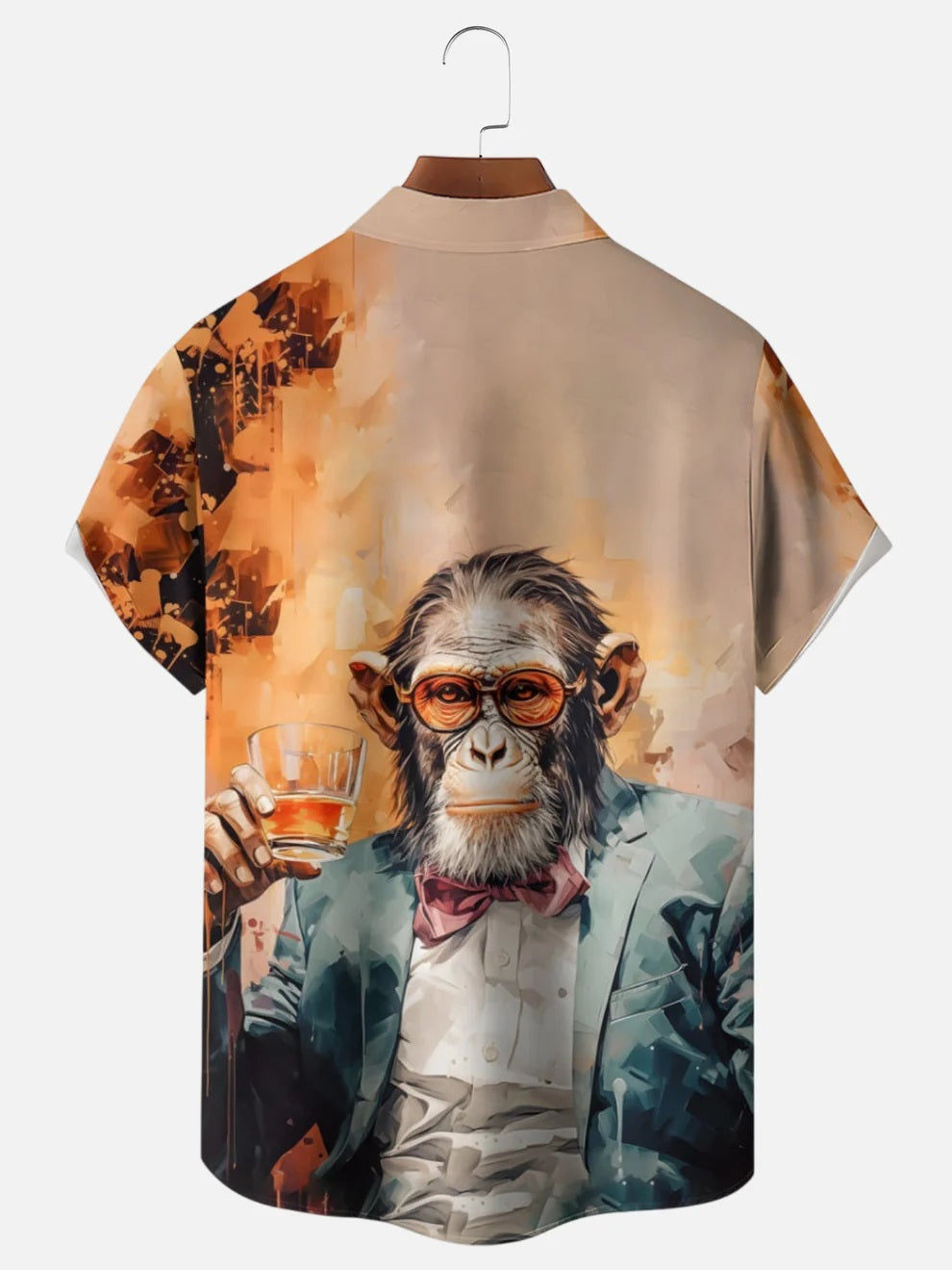 Men's Vintage Monkey Gentleman Whiskey Oil Painting Printed Casual Short Sleeve Shirt