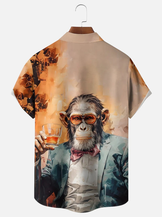 Men's Vintage Monkey Gentleman Whiskey Oil Painting Printed Casual Short Sleeve Shirt