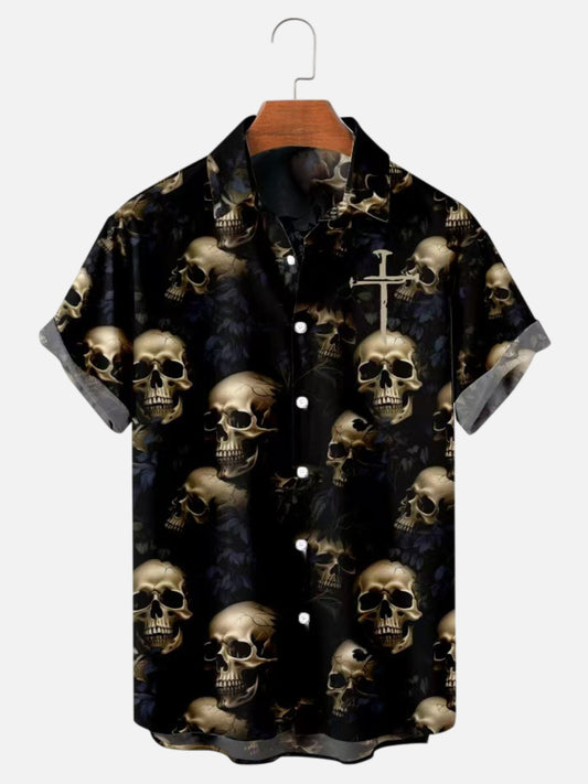 Men's Retro Dark Style Skull Cross Print Hawaiian Short Sleeve Shirt
