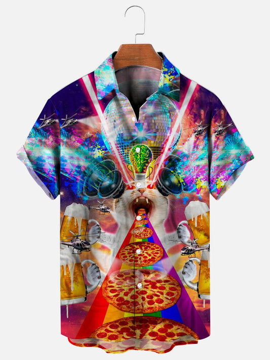 Men's Crazy Cat Print Hawaiian Short Sleeve Shirt