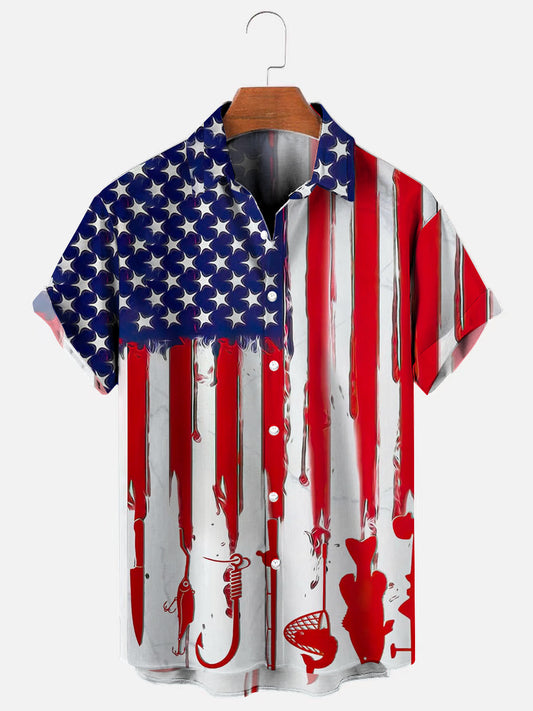 Men's Fishing Flag Print Hawaiian Casual Short Sleeve Shirt