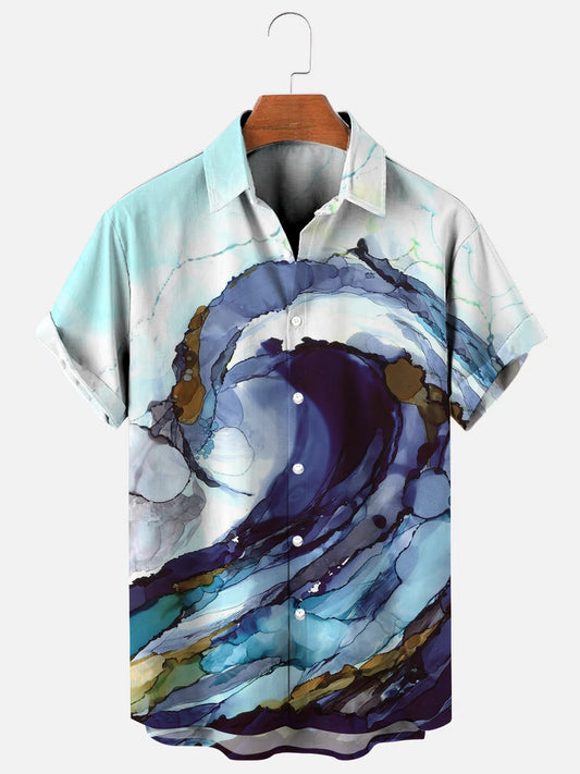 Men's Liquid Wave Abstract Print Hawaiian Short Sleeve Shirt
