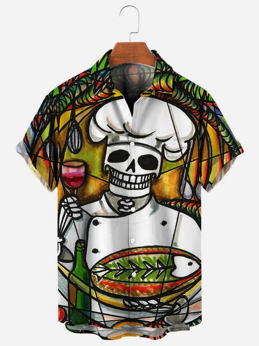 Men's Skull Chef Print Casual Short Sleeve Shirt