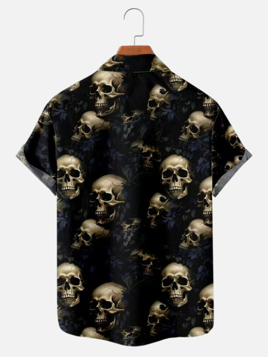 Men's Retro Dark Style Skull Cross Print Hawaiian Short Sleeve Shirt