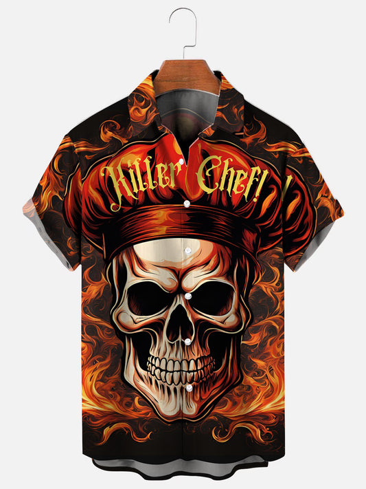 Men's Skull Chef Print Casual Short Sleeve Shirt