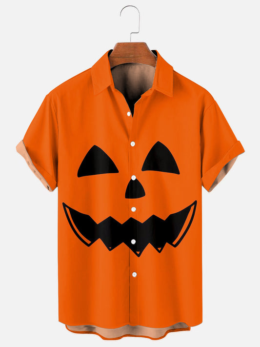 Men's Halloween Pumpkin Face Print Holiday Casual Short Sleeve Shirt