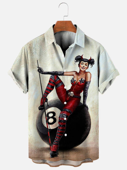 Men's Devil Girl Classic Black Eight Billiards Retro Print Casual Short Sleeve Shirt