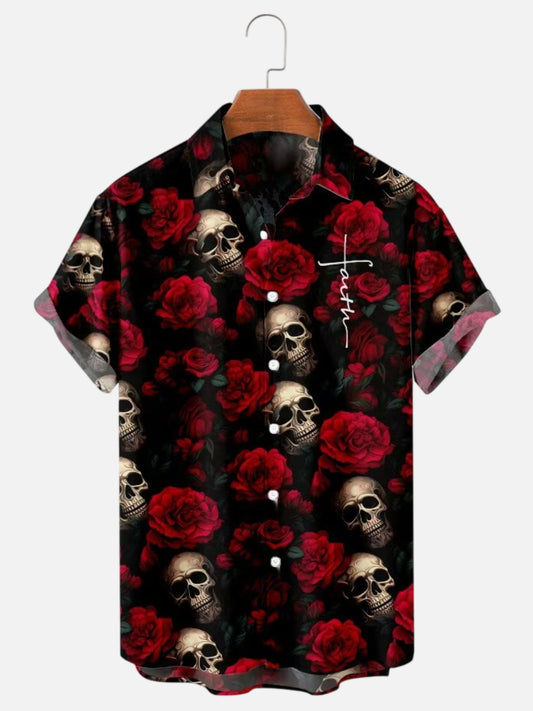 Men's Rose Skull Cross Print Hawaiian Short Sleeve Shirt