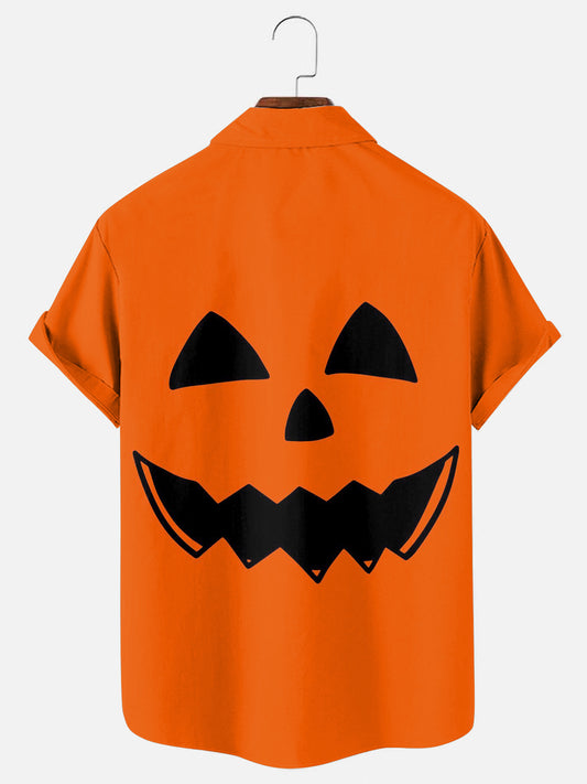 Men's Halloween Pumpkin Face Print Holiday Casual Short Sleeve Shirt