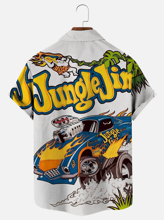 JUNGLE JIM Vintage Car Print Hawaiian Short Sleeve Shirt