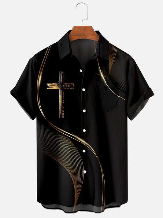 Easter Cross Print Holiday Short Sleeve Pocket Shirt