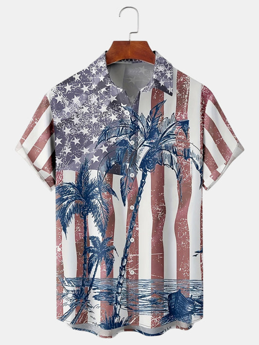Men's American Flag Coconut Tree Holiday Short Sleeve Shirt