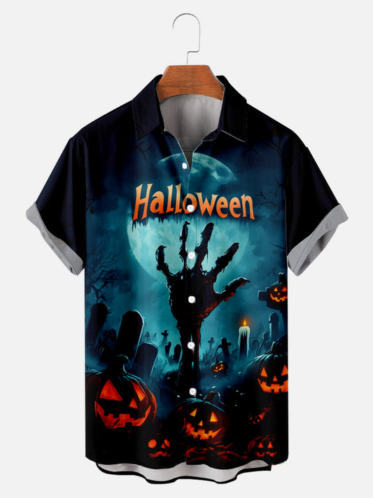 Men's Halloween Pumpkin Spooky Print Holiday Short Sleeve Shirt