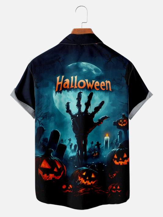 Men's Halloween Pumpkin Spooky Print Holiday Short Sleeve Shirt