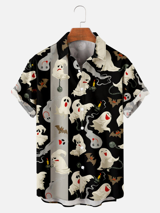 Men's Halloween Spooky Cute Ghost Bat Print Holiday Short Sleeve Shirt