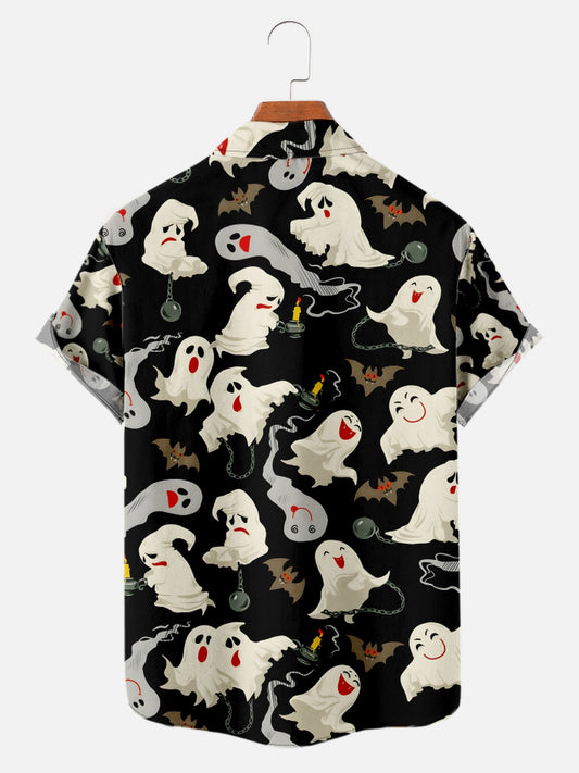 Men's Halloween Spooky Cute Ghost Bat Print Holiday Short Sleeve Shirt