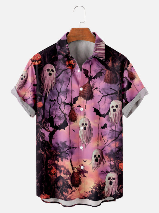 Halloween Ghost Bat Fun Print Holiday Short Sleeve Shirt