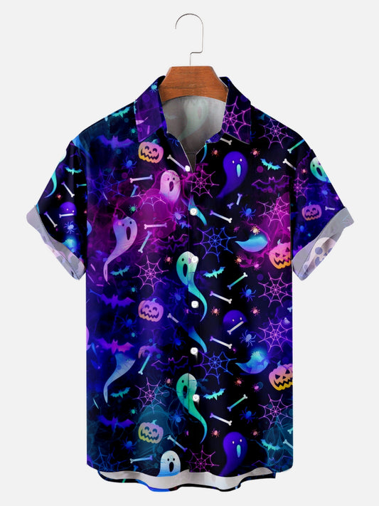 Men's Halloween Ghost Bat Pumpkin Fun Print Short Sleeve Shirt