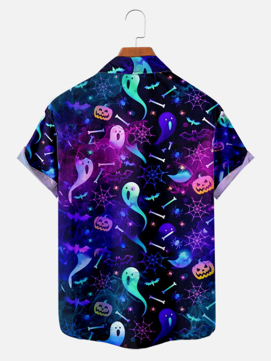 Men's Halloween Ghost Bat Pumpkin Fun Print Short Sleeve Shirt