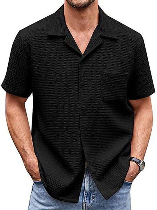 Men's Cuban Collar Pocket Waffle Basic Simple Everyday Casual Shirt