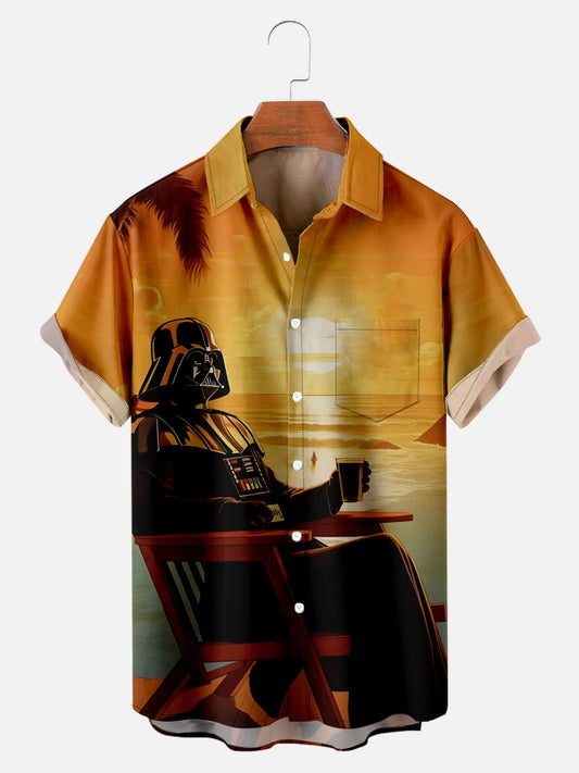 Men's Ukiyo-e Retro Masked Samurai Landscape Print Hawaiian Short Sleeve Shirt
