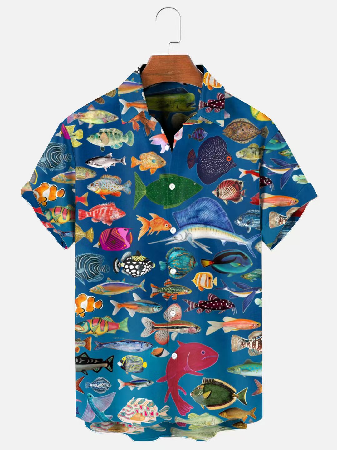 Men's Ocean Fish Print Hawaiian Short Sleeve Shirt