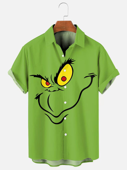 Men's Vintage Christmas Grinch Big Face Print Casual Short Sleeve Shirt