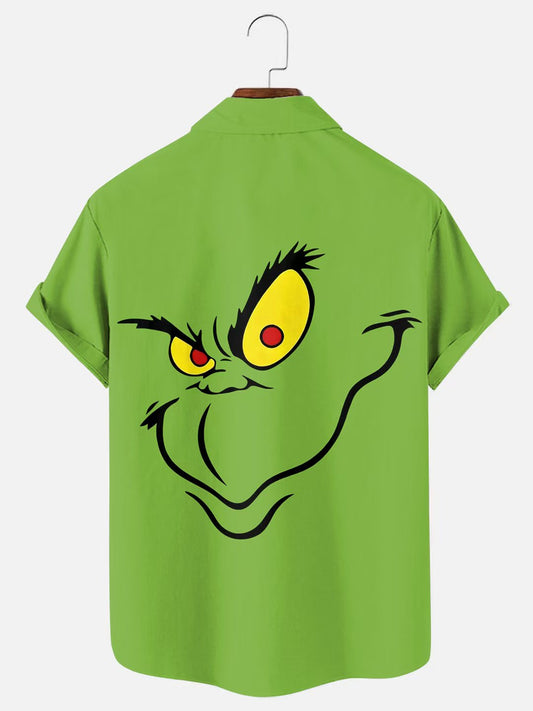 Men's Vintage Christmas Grinch Big Face Print Casual Short Sleeve Shirt