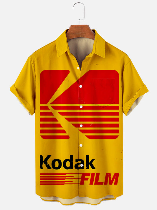 Men's Vintage Logo Print Casual Short Sleeve Pocket Shirt