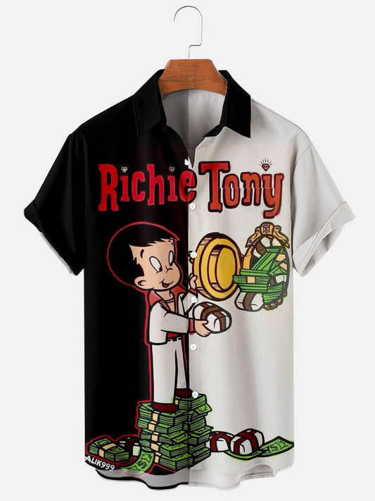 Men's Richie Tony Cartoon Print Black & White Color Block Short Sleeve Hawaiian Shirt