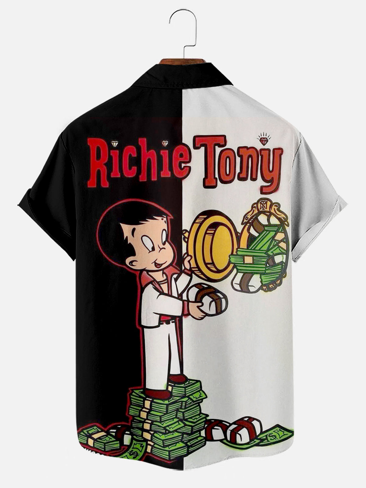 Men's Richie Tony Cartoon Print Black & White Color Block Short Sleeve Hawaiian Shirt