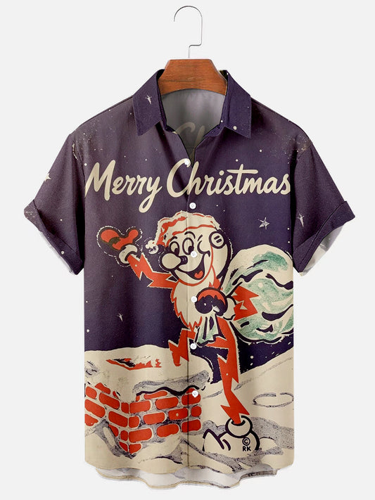 Men's Vintage Christmas Reddy Kilowatt Santa Print Short Sleeve Hawaiian Shirt