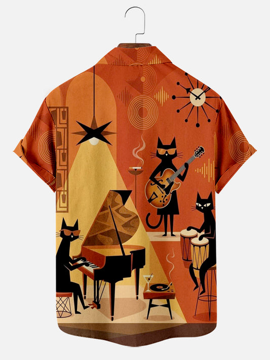 The Cool Cats Vintage Jazz Print Orange Hawaiian Shirt