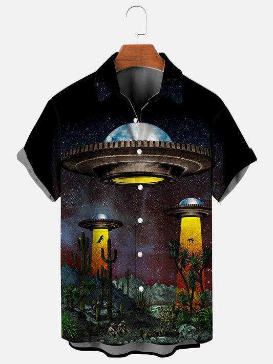 Men's Alien Spaceship Print Vintage Hawaiian Short Sleeve Shirt