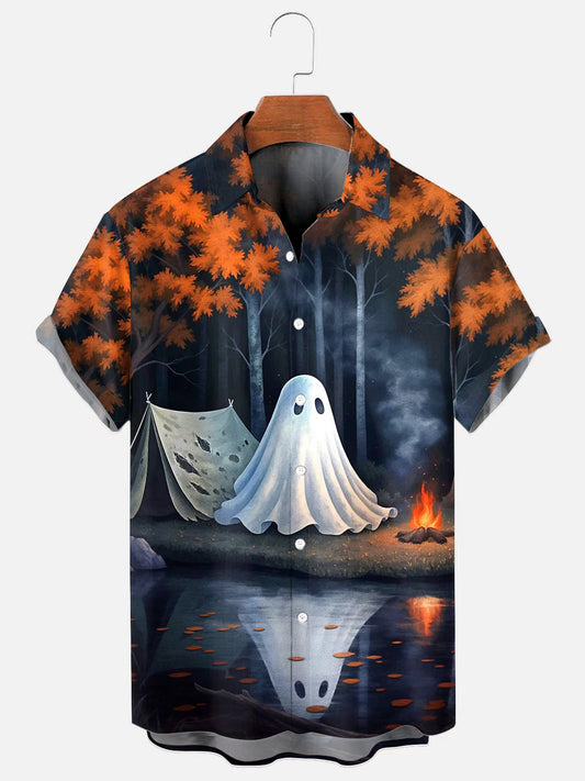 Men's Halloween Ghost Camping Bonfire Print Hawaiian Short Sleeve Shirt