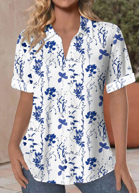 Women's Floral and Leaf Print Casual Short Sleeve Blouses