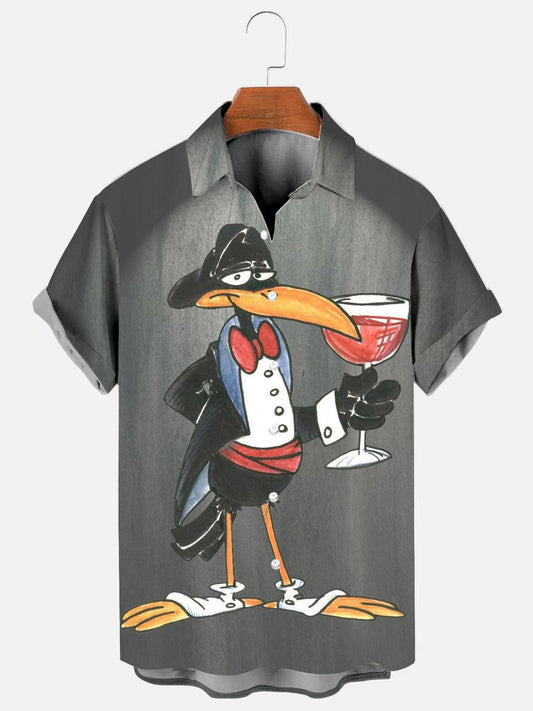 Men's Cartoon Crow Wine Glass Print Hawaiian Short Sleeve Shirt