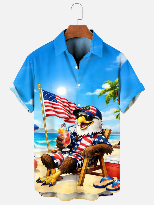 Men's Eagle Flag Cocktail Beach Print Hawaiian Short Sleeve Pocket Shirt