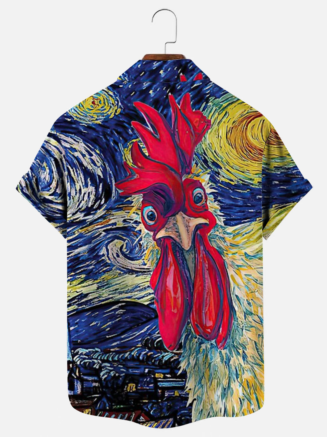 Chicken Rooster Starry Night Men's Casual Short Sleeve Shirt