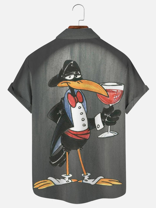 Men's Cartoon Crow Wine Glass Print Hawaiian Short Sleeve Shirt