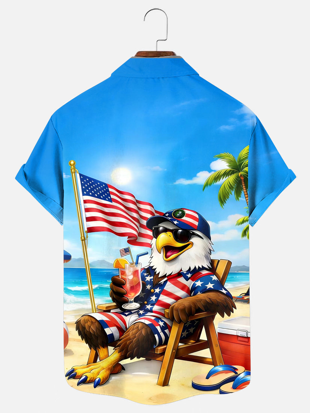Men's Eagle Flag Cocktail Beach Print Hawaiian Short Sleeve Pocket Shirt