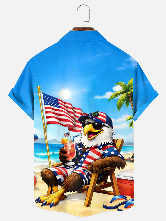 Men's Eagle Flag Cocktail Beach Print Hawaiian Short Sleeve Pocket Shirt