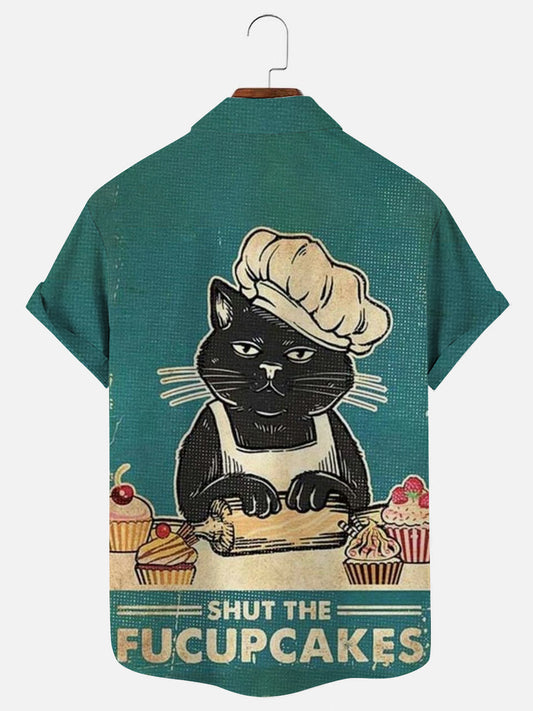 Men's Cat Baking Fun Printed Casual Short Sleeve Shirt