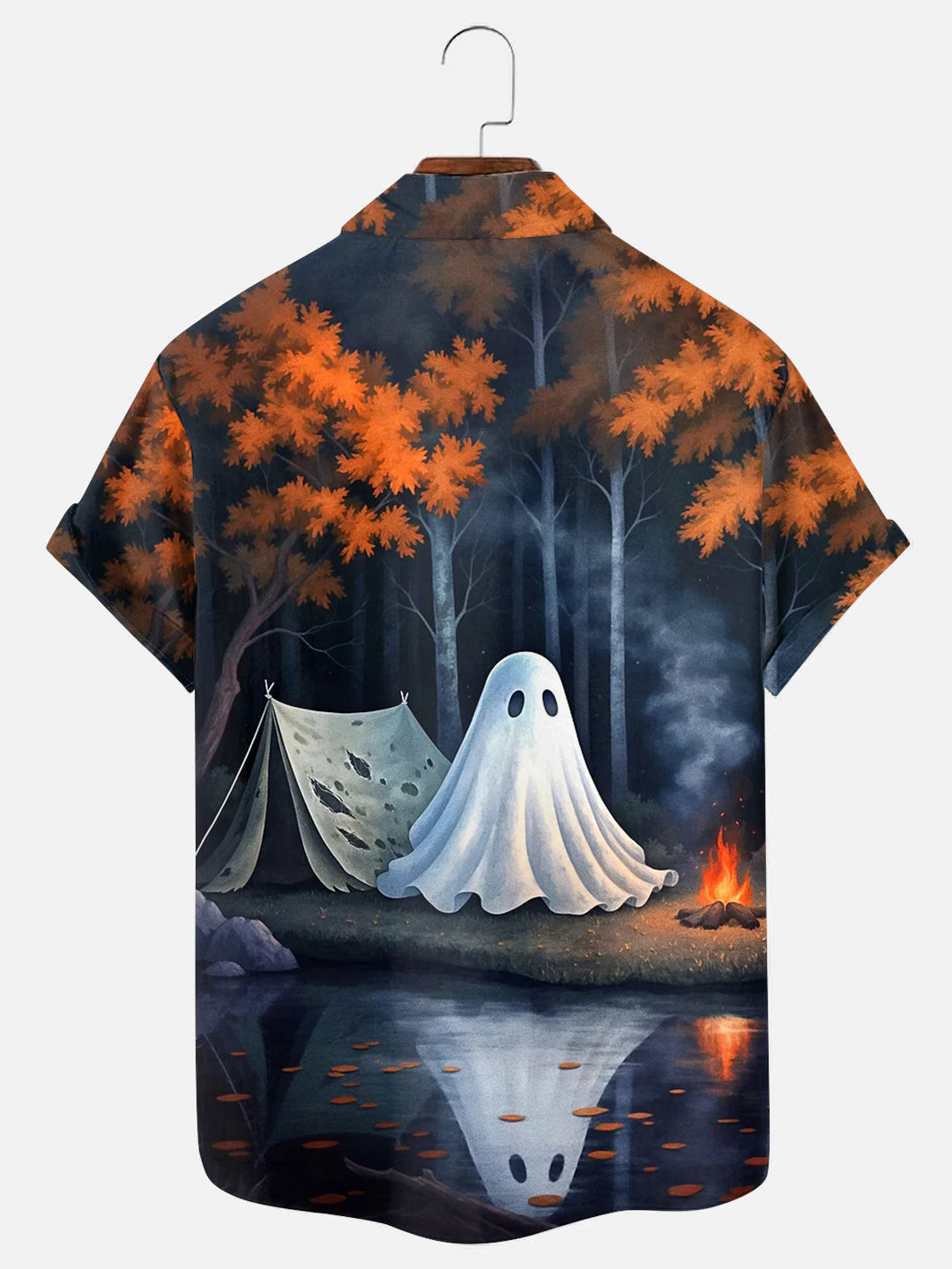 Men's Halloween Ghost Camping Bonfire Print Hawaiian Short Sleeve Shirt
