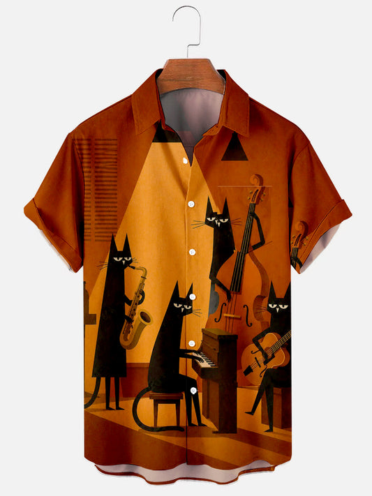 Men's Vintage Jazz Cat Medieval Print Short Sleeve Hawaiian Pocket Shirt