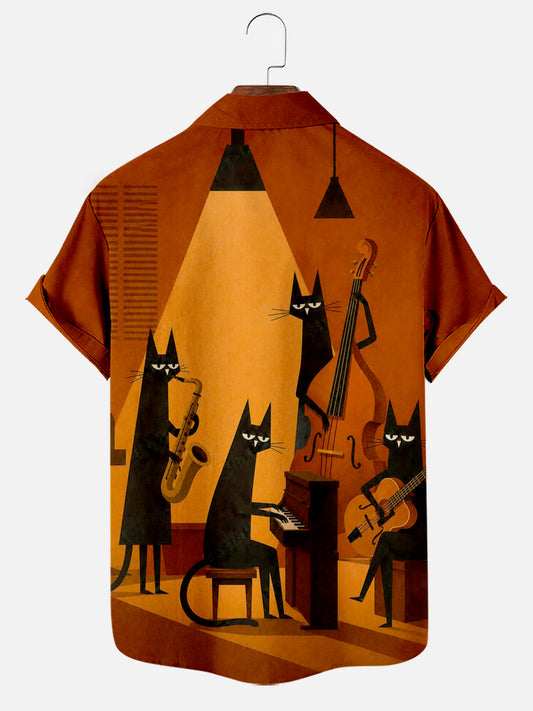 Men's Vintage Jazz Cat Medieval Print Short Sleeve Hawaiian Pocket Shirt