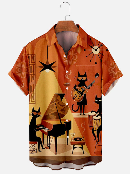 The Cool Cats Vintage Jazz Print Orange Hawaiian Shirt